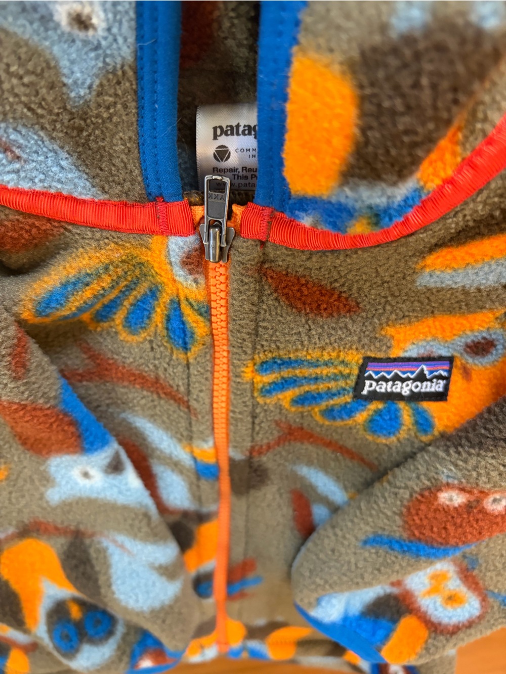 Patagonia baby Fleece Pullover - Olive with Orange & Blue Accents